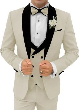 3 Piece Mens Tuxedo Suit Set Double Breasted Suit Men Slim Fit Tuxedo Suits with Bow for Groom Wedding Prom