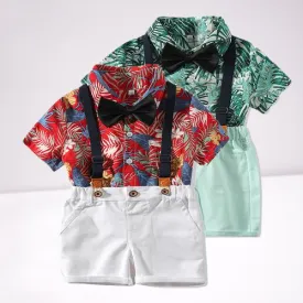 4-Piece Hawaii Style Baby Toddler Boy Outfit Shirt Matching Bowtie Suspender Shorts