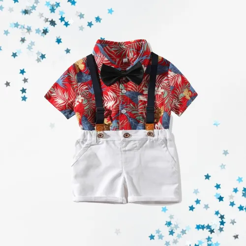 4-Piece Hawaii Style Baby Toddler Boy Outfit Shirt Matching Bowtie Suspender Shorts