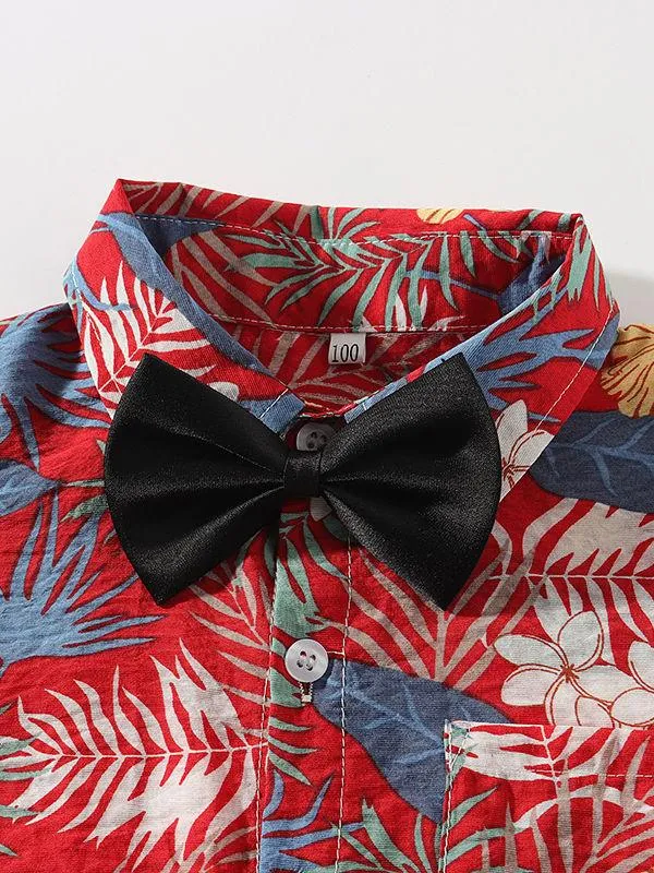 4-Piece Hawaii Style Baby Toddler Boy Outfit Shirt Matching Bowtie Suspender Shorts