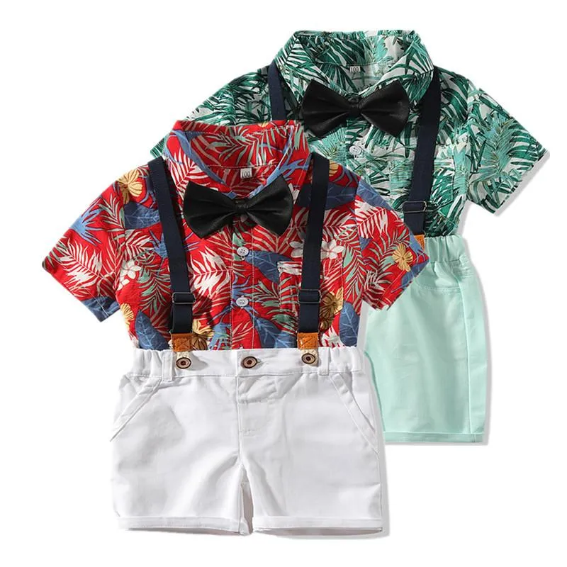 4-Piece Hawaii Style Baby Toddler Boy Outfit Shirt Matching Bowtie Suspender Shorts