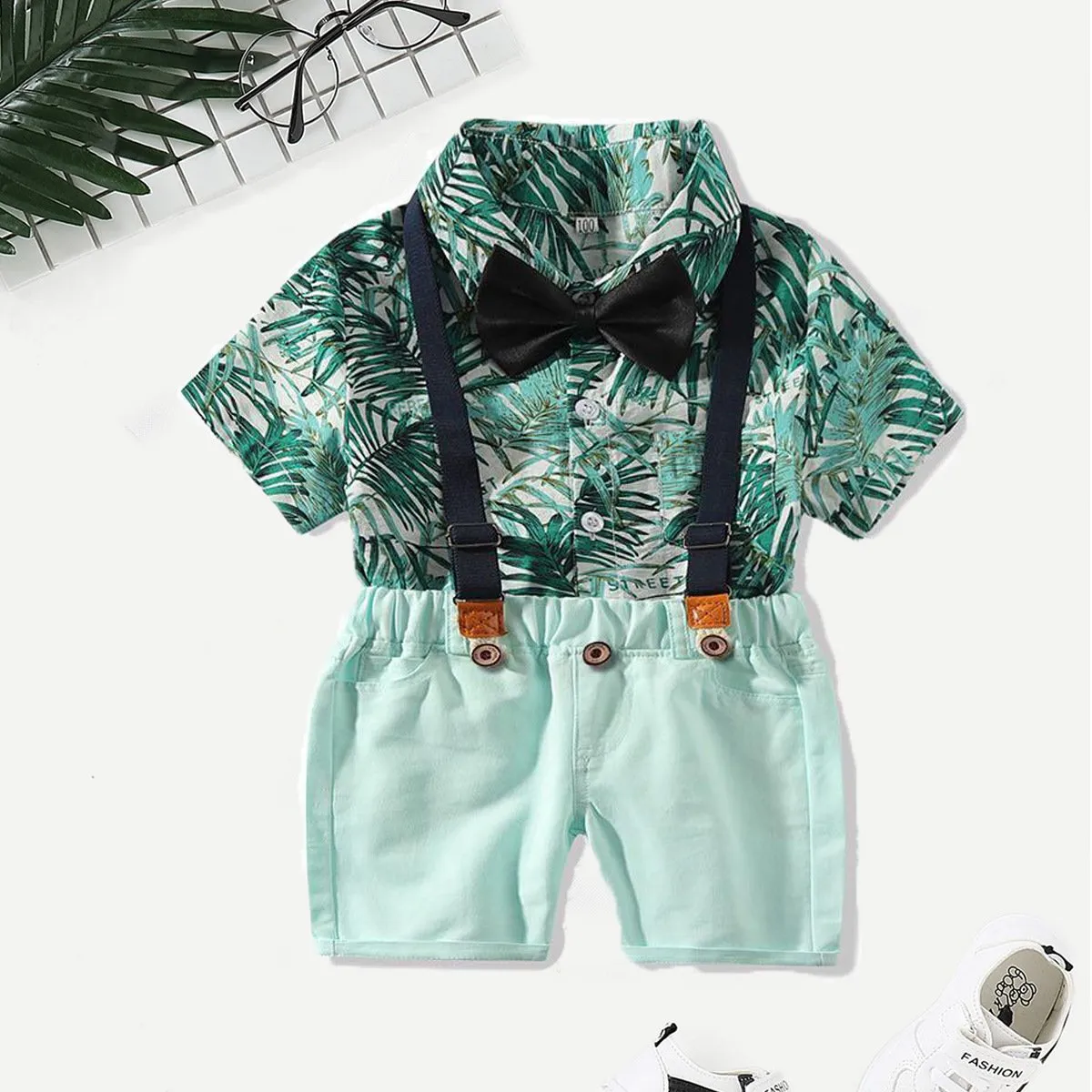 4-Piece Hawaii Style Baby Toddler Boy Outfit Shirt Matching Bowtie Suspender Shorts