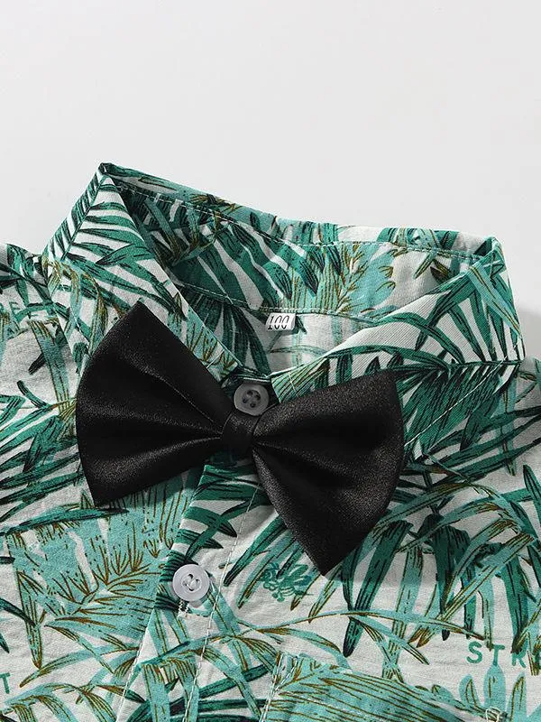 4-Piece Hawaii Style Baby Toddler Boy Outfit Shirt Matching Bowtie Suspender Shorts