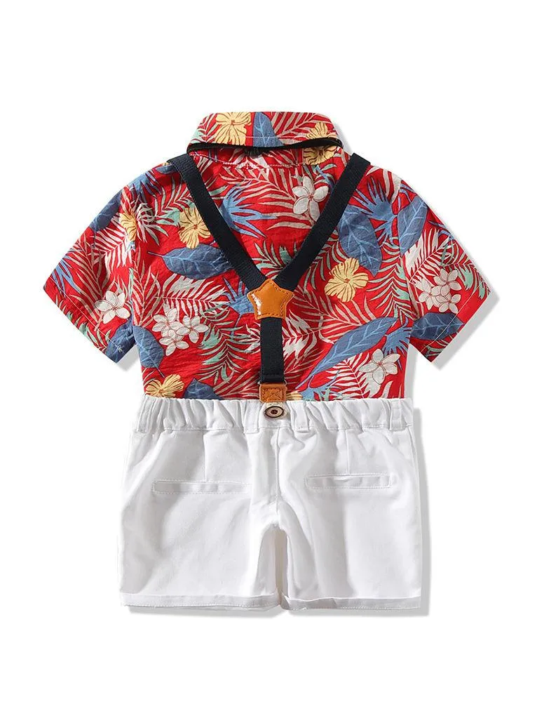 4-Piece Hawaii Style Baby Toddler Boy Outfit Shirt Matching Bowtie Suspender Shorts