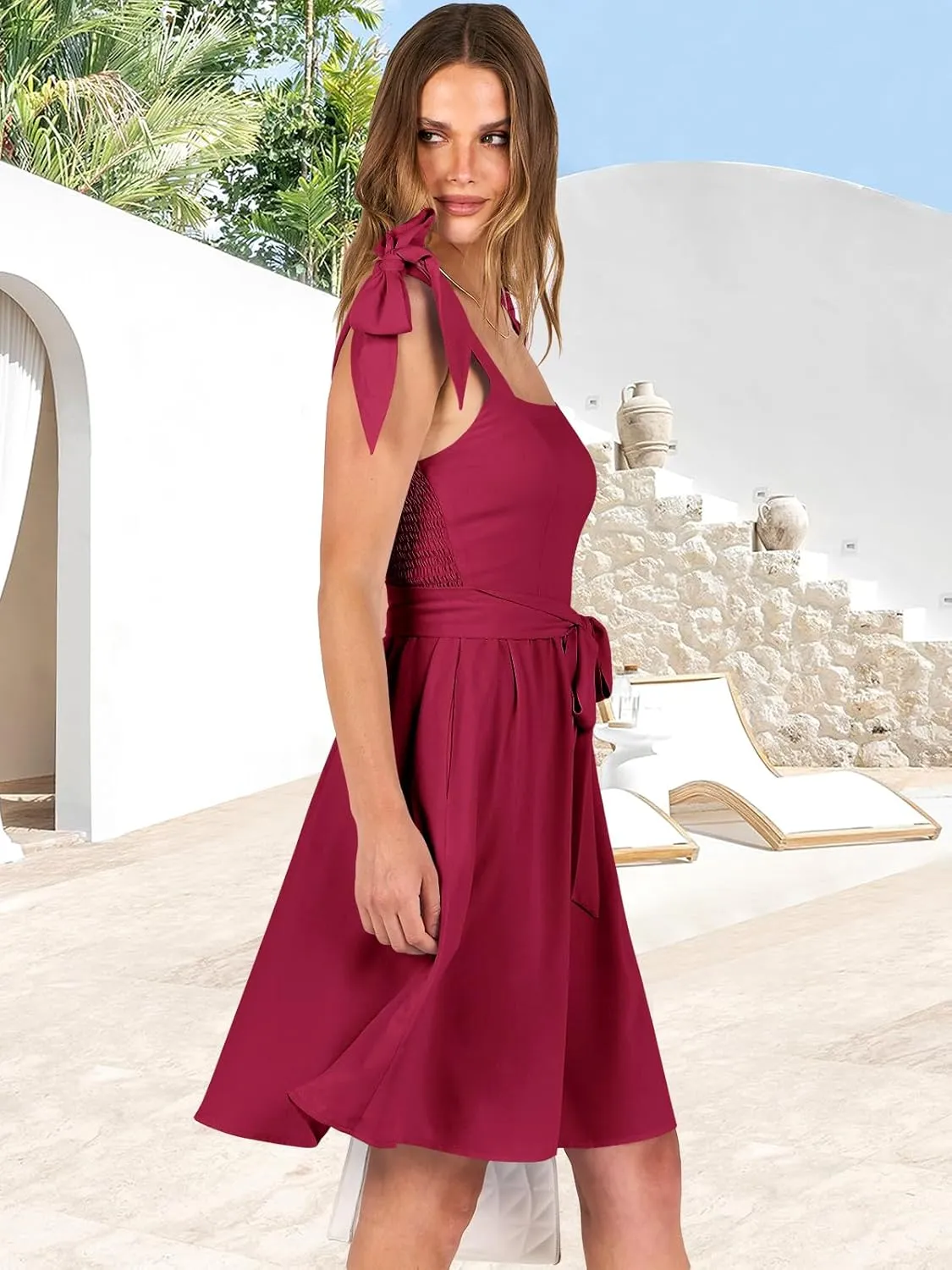 ANRABESS Women's Sleeveless Tie Strap Mini Dress Summer Square Neck Smocked A Line Swing Elegant Cute Cocktail Short Dresses