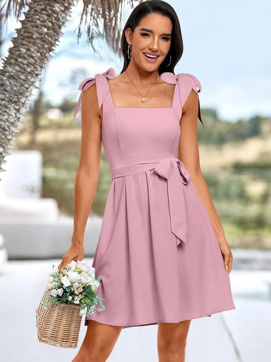 ANRABESS Women's Sleeveless Tie Strap Mini Dress Summer Square Neck Smocked A Line Swing Elegant Cute Cocktail Short Dresses