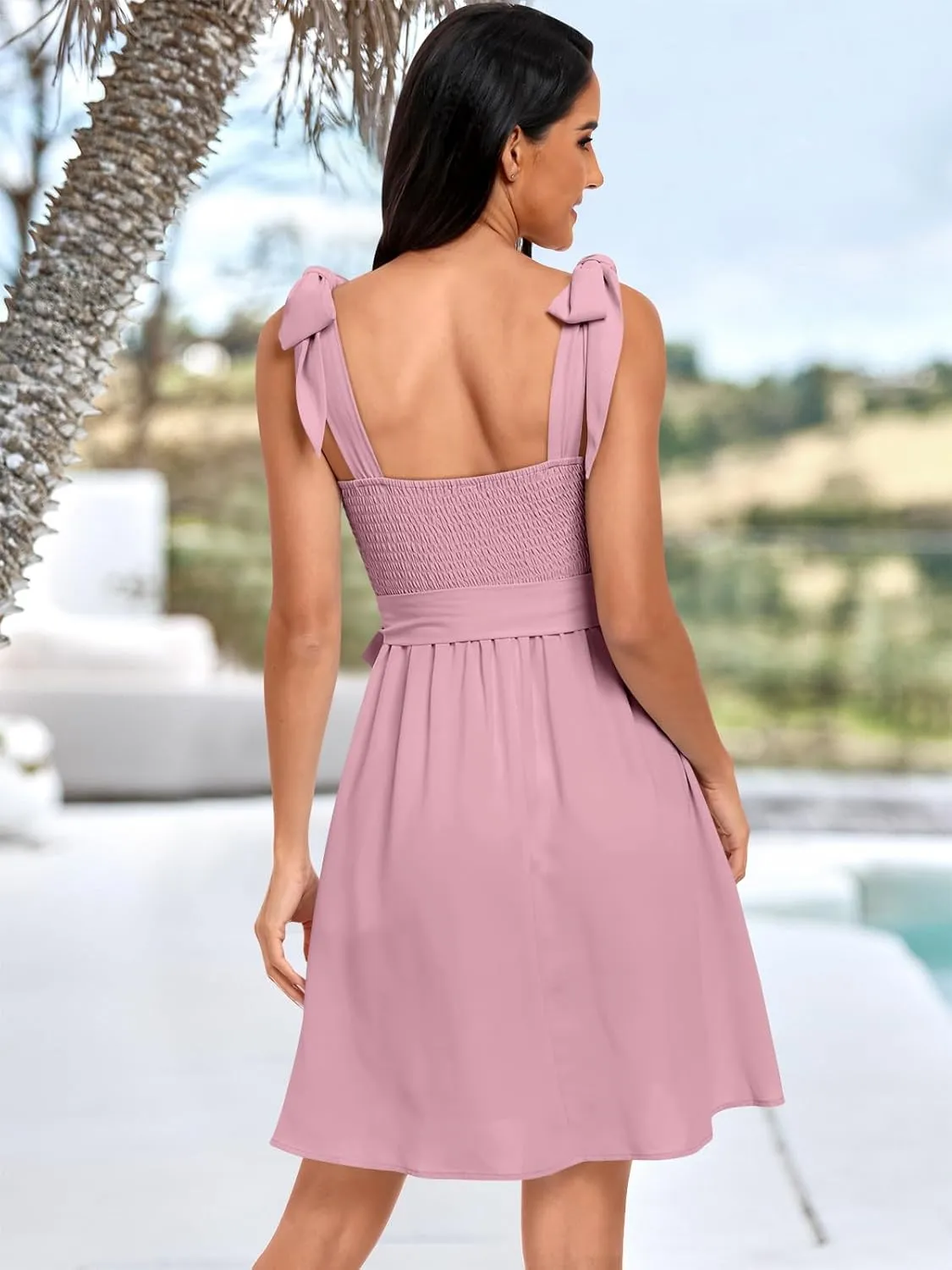 ANRABESS Women's Sleeveless Tie Strap Mini Dress Summer Square Neck Smocked A Line Swing Elegant Cute Cocktail Short Dresses