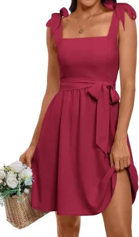 ANRABESS Women's Sleeveless Tie Strap Mini Dress Summer Square Neck Smocked A Line Swing Elegant Cute Cocktail Short Dresses