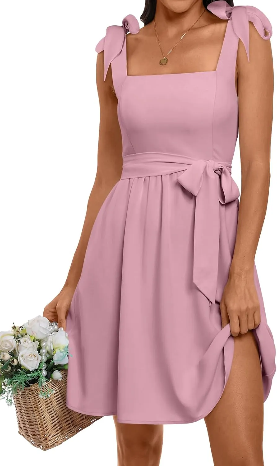 ANRABESS Women's Sleeveless Tie Strap Mini Dress Summer Square Neck Smocked A Line Swing Elegant Cute Cocktail Short Dresses