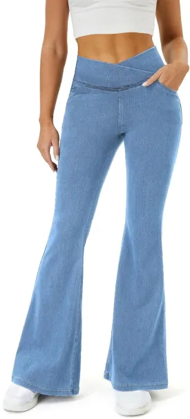 Bell Bottom Jeans for Women Trendy High Waisted Crossover Stretchy Jeans Flare Leggings with Pockets Y2k Jeggings