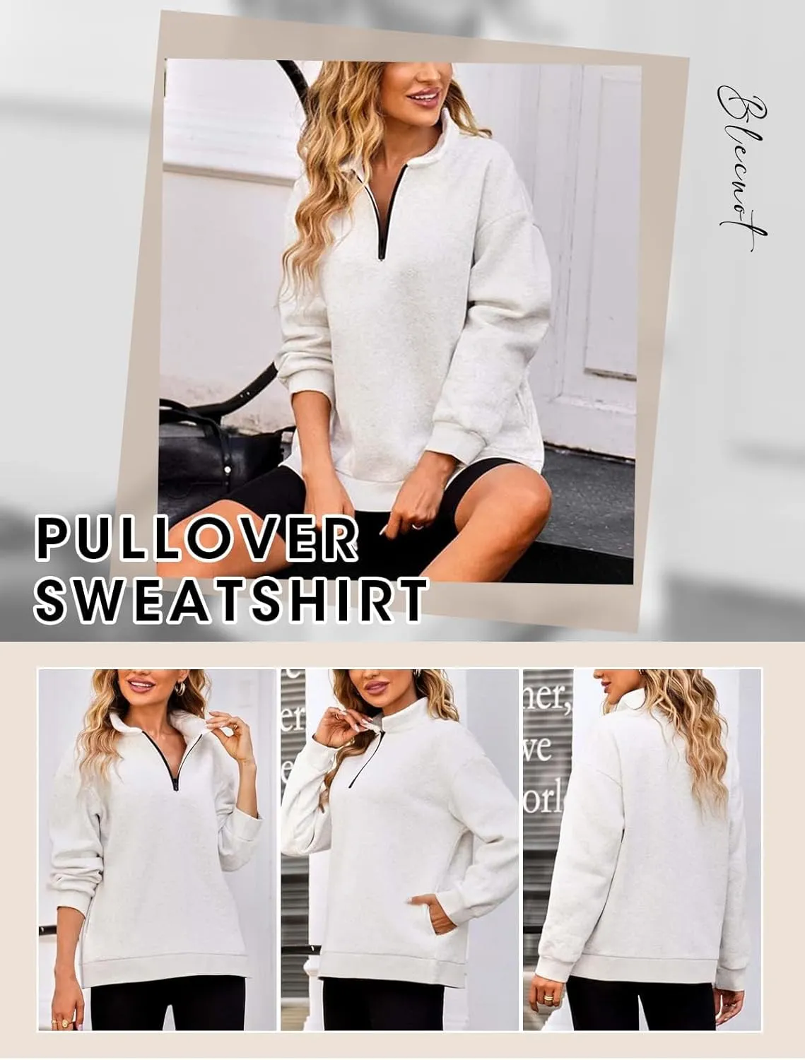 BLENCOT Women Half Zip Oversized Sweatshirts Long Sleeve Solid Color Drop Shoulder Fleece Workout Pullover S-2XL