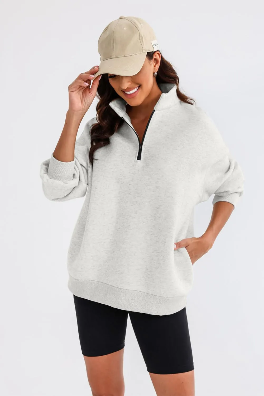 BLENCOT Women Half Zip Oversized Sweatshirts Long Sleeve Solid Color Drop Shoulder Fleece Workout Pullover S-2XL
