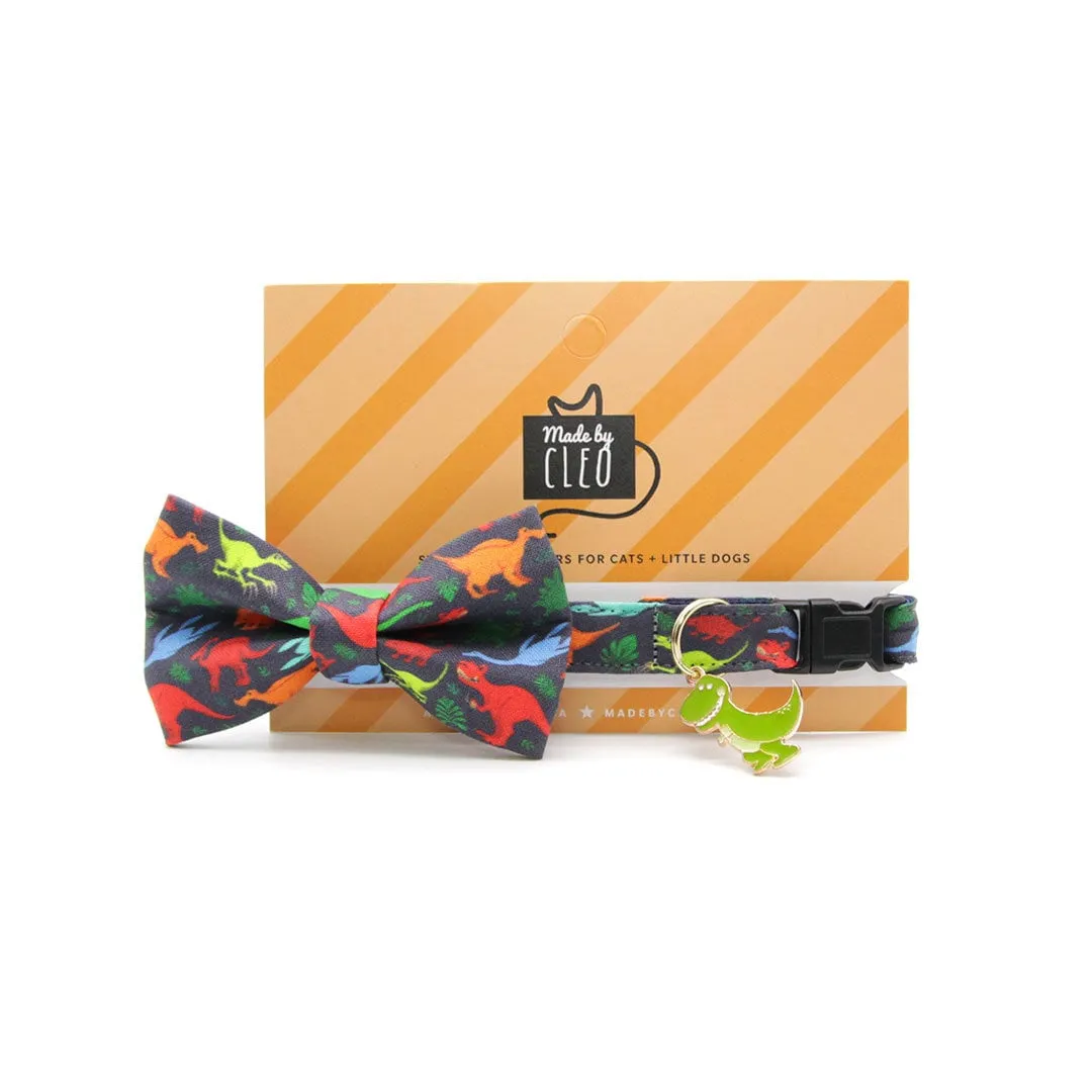 Bow Tie Cat Collar Set - "Dinosaurus Rex" - Colorful Dinosaur Cat Collar w/ Matching Bowtie / Cat, Kitten, Small Dog Sizes