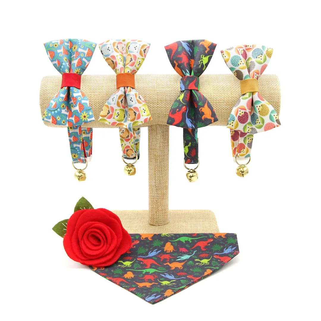 Bow Tie Cat Collar Set - "Dinosaurus Rex" - Colorful Dinosaur Cat Collar w/ Matching Bowtie / Cat, Kitten, Small Dog Sizes