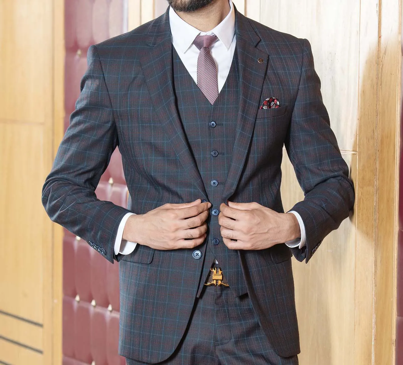 Brown Checked Single-Breasted Suit