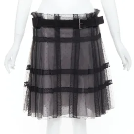 CHRISTIAN DIOR grey black lace Plumetis tulle suede belt wrap skirt