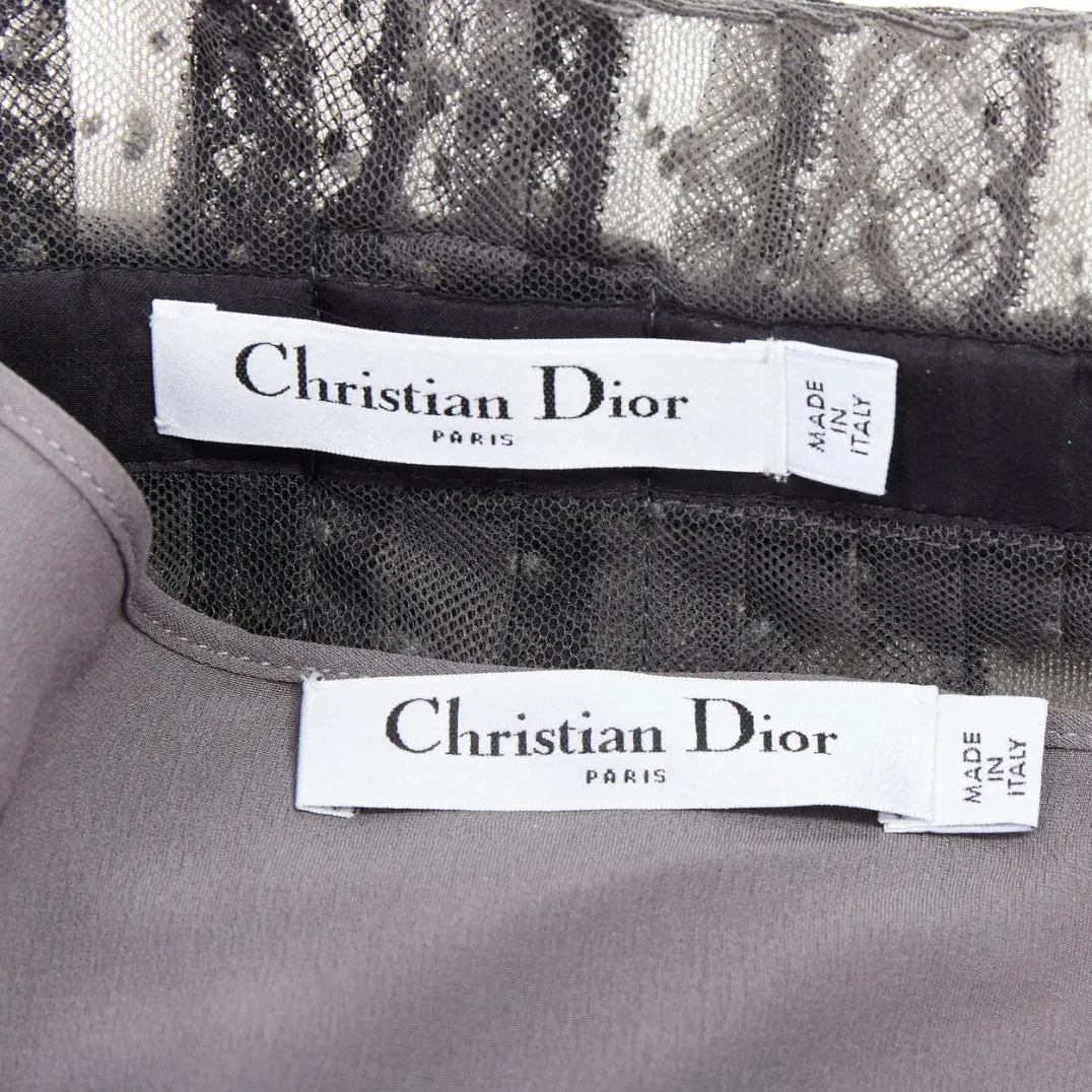 CHRISTIAN DIOR grey black lace Plumetis tulle suede belt wrap skirt