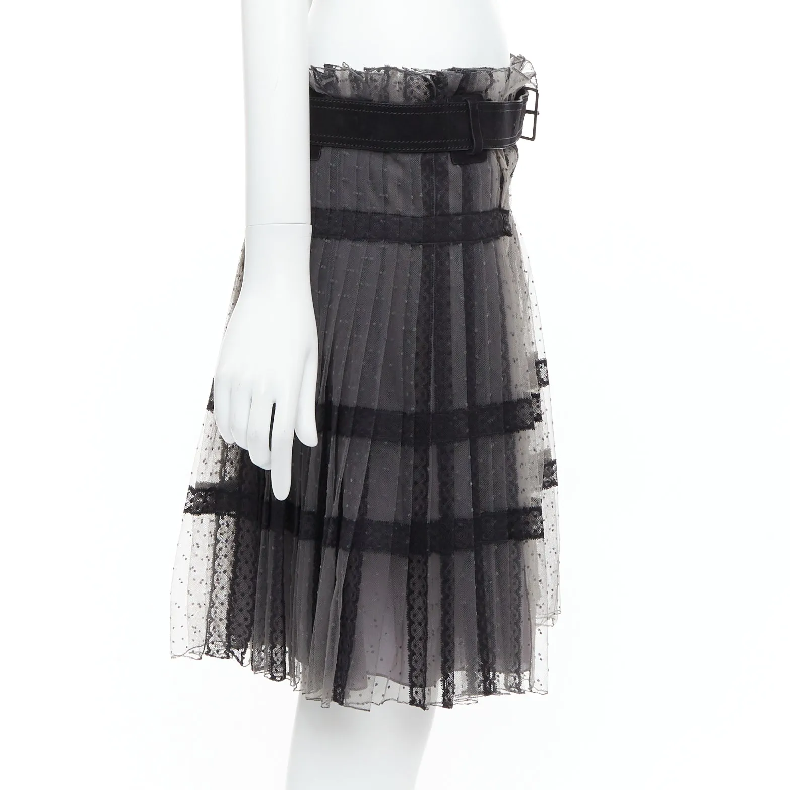 CHRISTIAN DIOR grey black lace Plumetis tulle suede belt wrap skirt