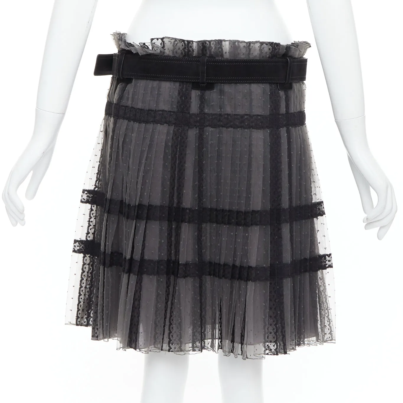 CHRISTIAN DIOR grey black lace Plumetis tulle suede belt wrap skirt
