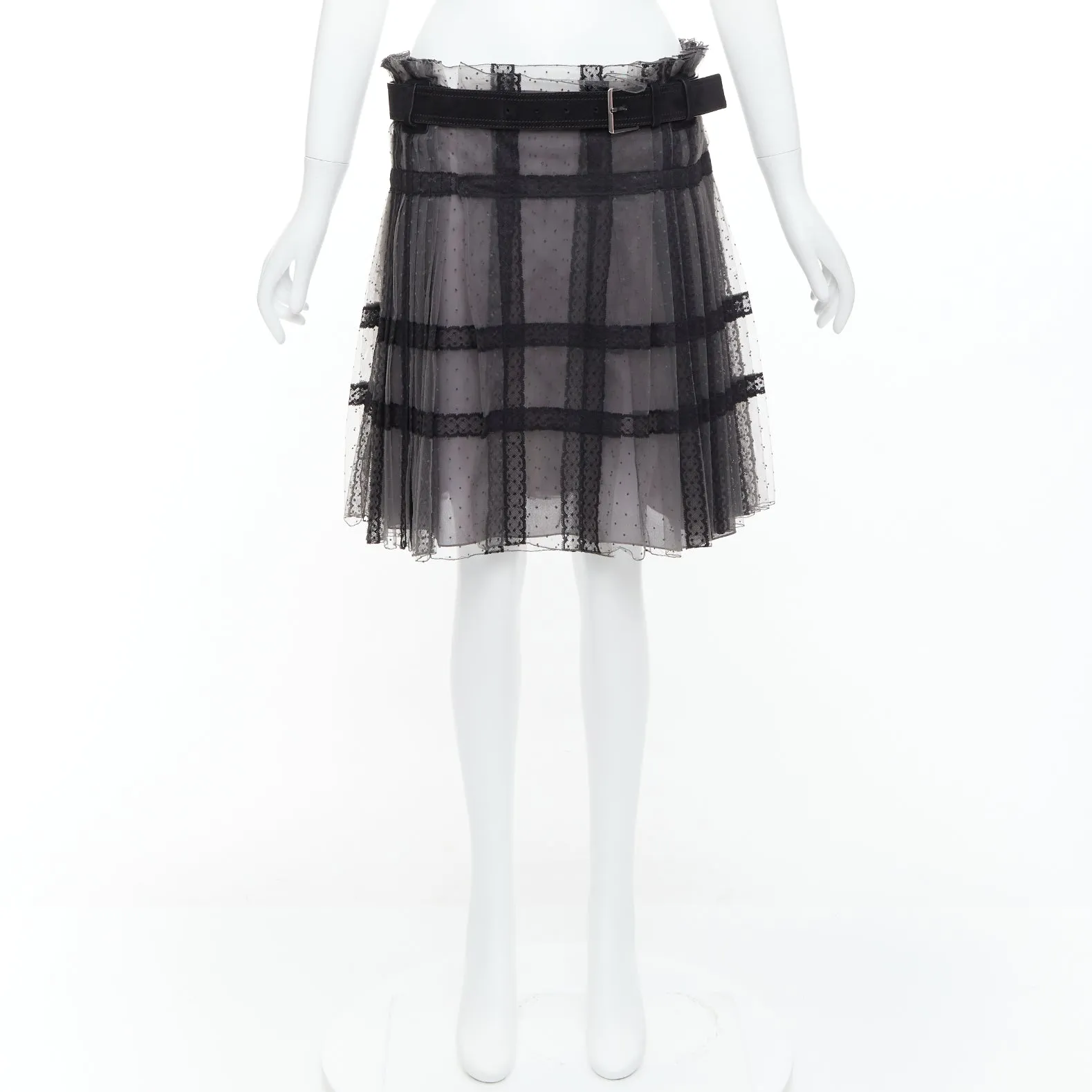 CHRISTIAN DIOR grey black lace Plumetis tulle suede belt wrap skirt