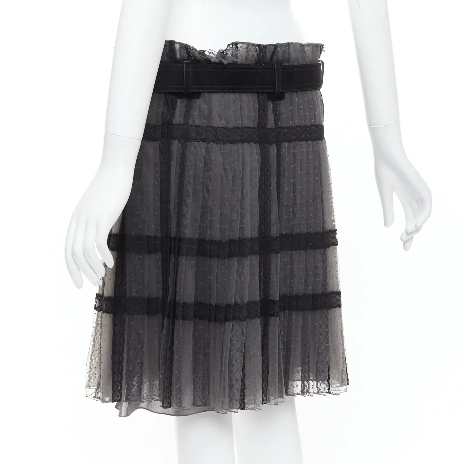 CHRISTIAN DIOR grey black lace Plumetis tulle suede belt wrap skirt