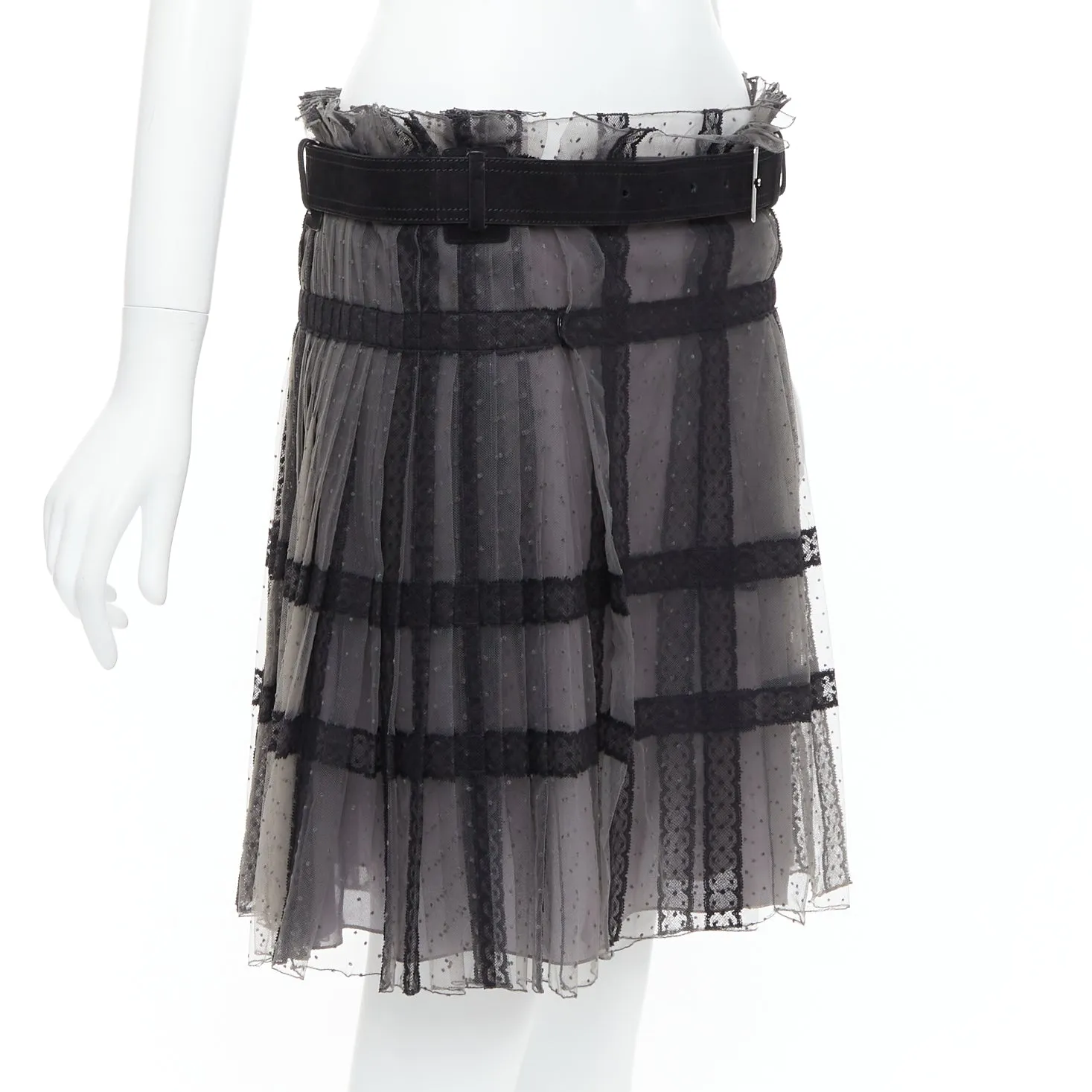 CHRISTIAN DIOR grey black lace Plumetis tulle suede belt wrap skirt