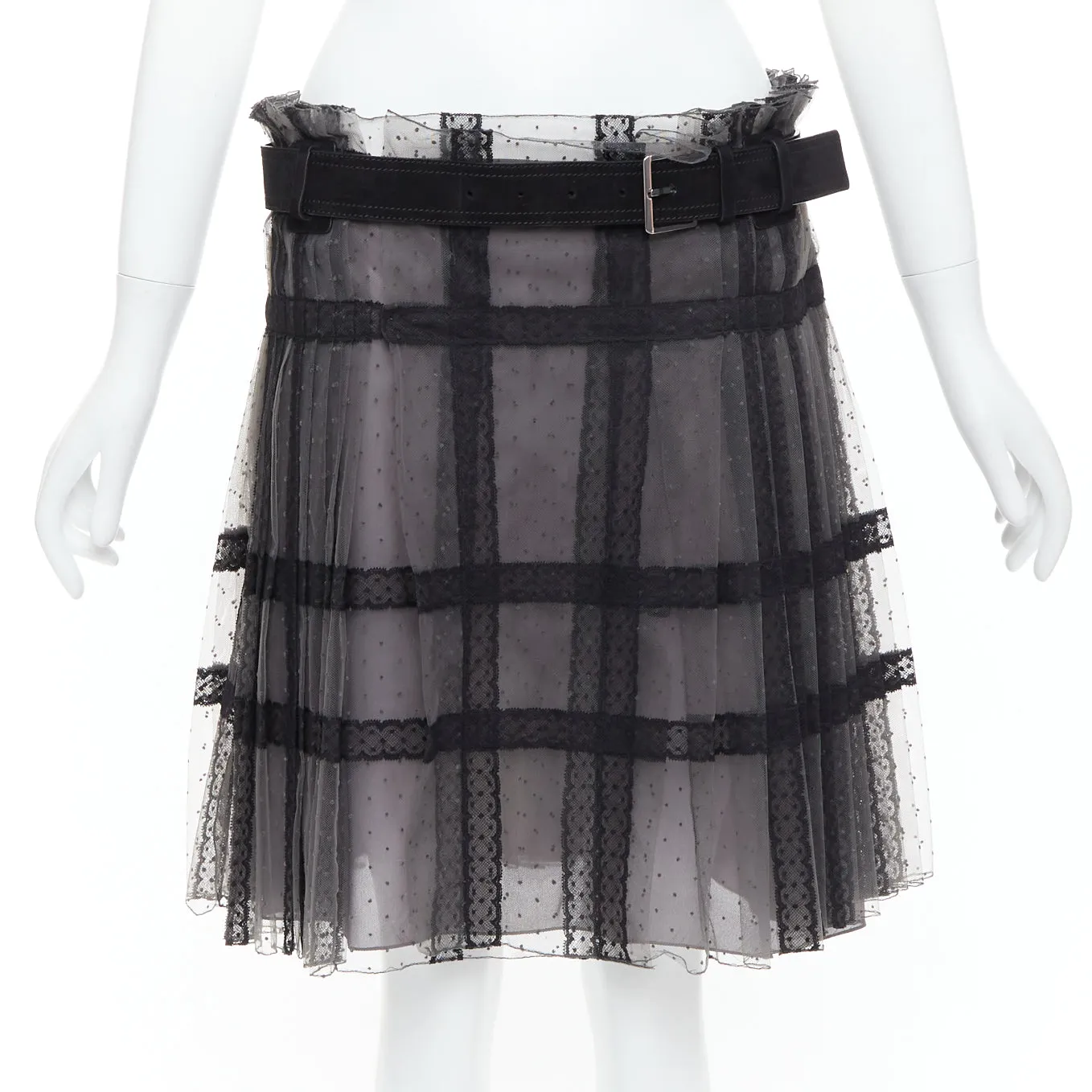 CHRISTIAN DIOR grey black lace Plumetis tulle suede belt wrap skirt