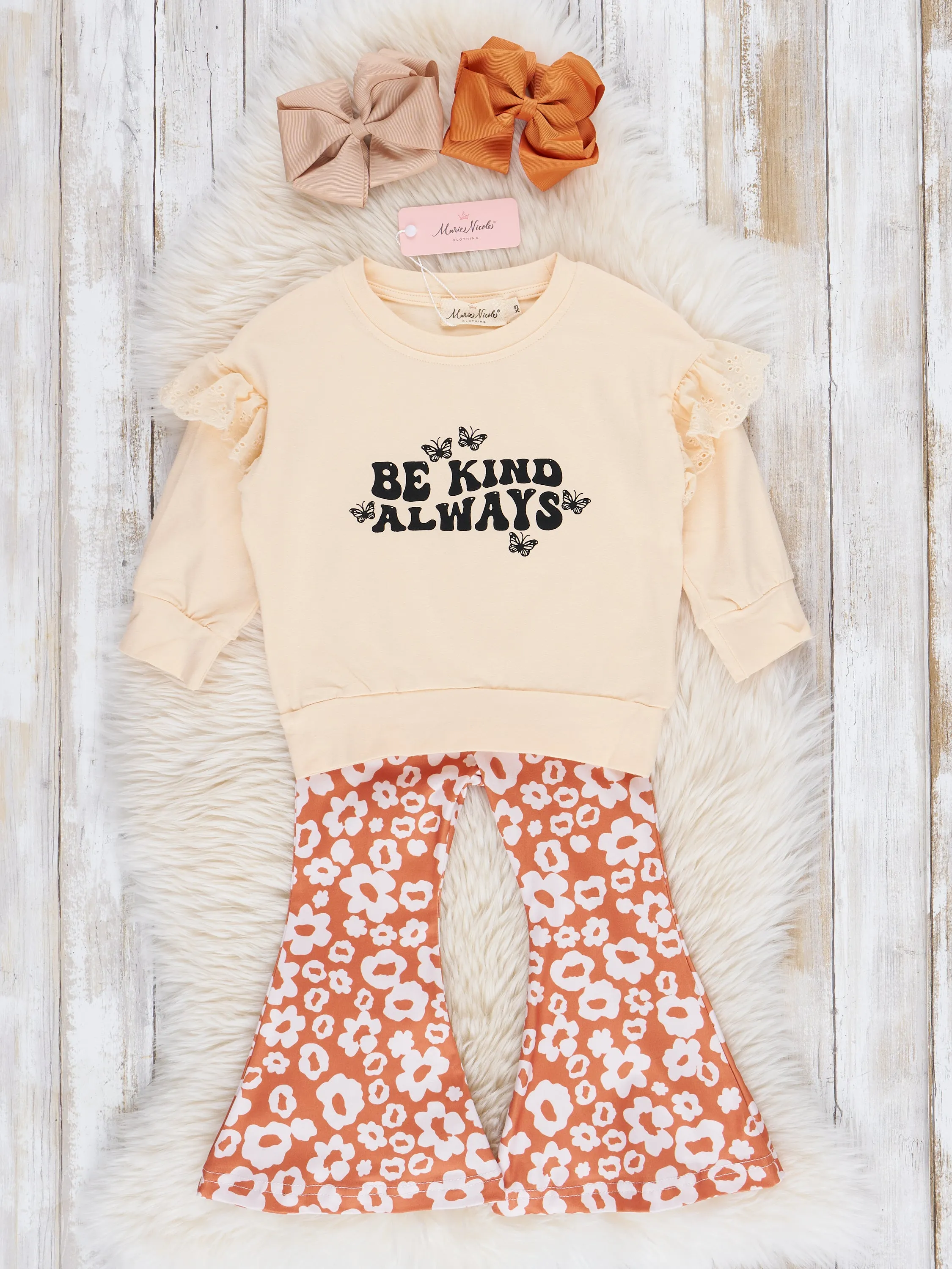Cream & Orange Kind Daisies Bell Bottoms Outfit