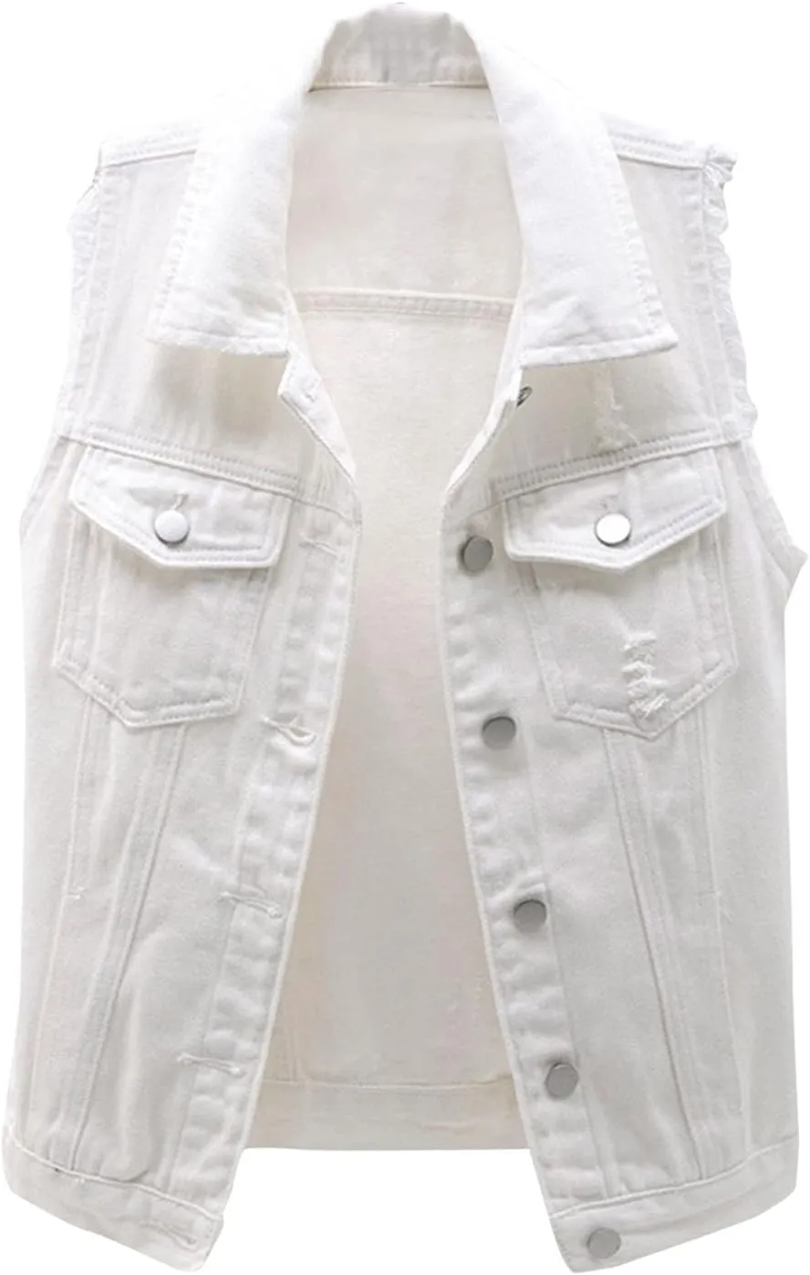Denim Jacket for Women Casual Lapel Collar Sleeveless Denim Blazer Plus Size Cute Frayed Cropped Vest Top