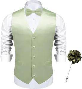 DiBanGu Mens Satin Vest and Bowtie Lapel Pin Set for Suit or Tuxedo,Solid Dress Waistcoat & Pre-tied Bowtie for Wedding Party
