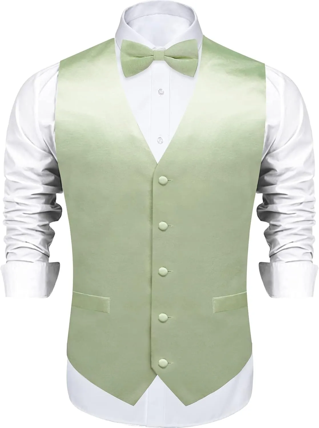 DiBanGu Mens Satin Vest and Bowtie Lapel Pin Set for Suit or Tuxedo,Solid Dress Waistcoat & Pre-tied Bowtie for Wedding Party