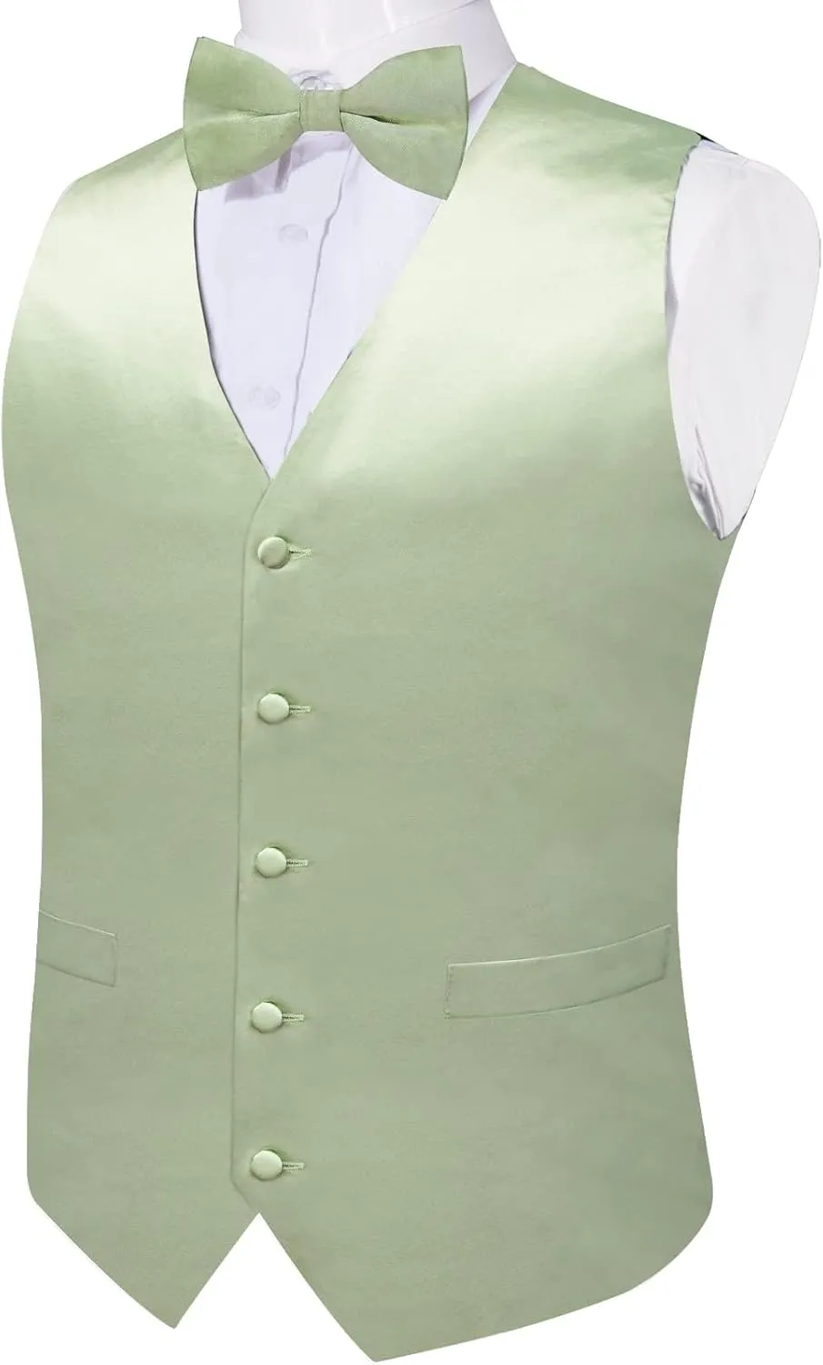 DiBanGu Mens Satin Vest and Bowtie Lapel Pin Set for Suit or Tuxedo,Solid Dress Waistcoat & Pre-tied Bowtie for Wedding Party
