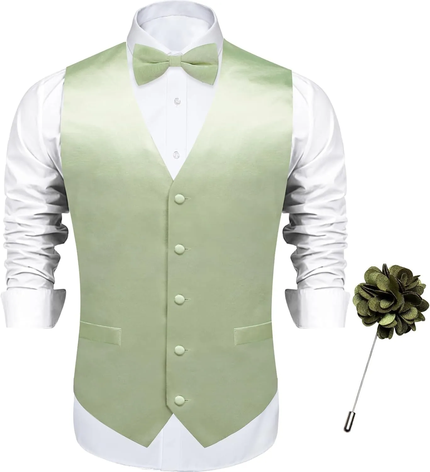 DiBanGu Mens Satin Vest and Bowtie Lapel Pin Set for Suit or Tuxedo,Solid Dress Waistcoat & Pre-tied Bowtie for Wedding Party