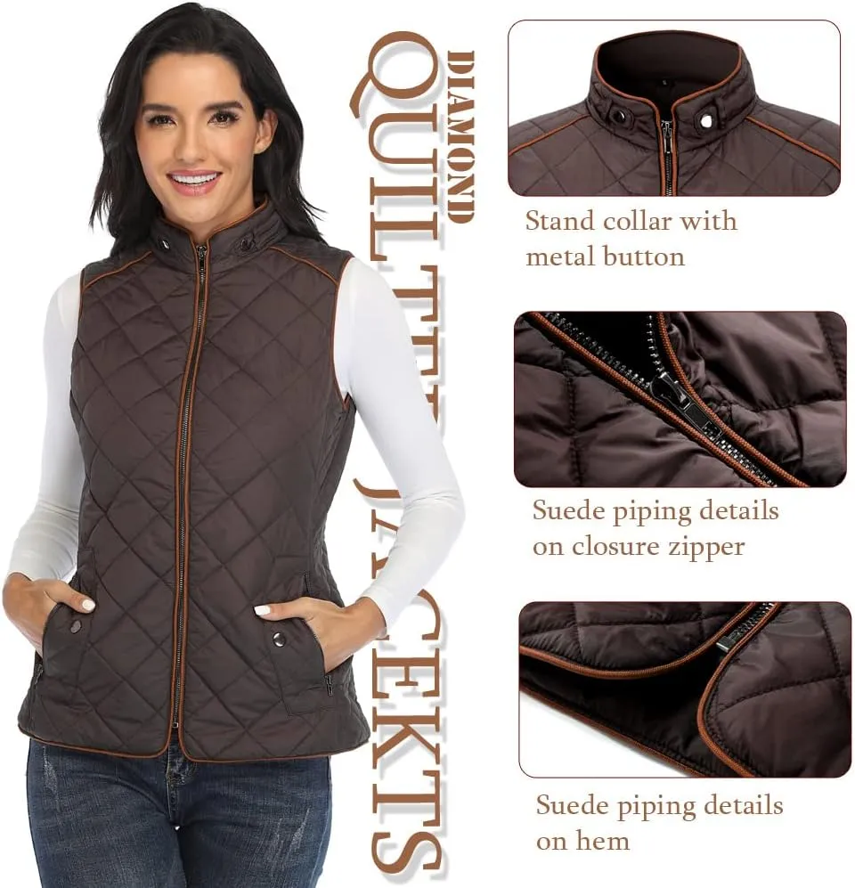 Dilgul Women Padded Vest Stand Collar Zip Up Trendy Puffer Lightweight Quilted Vest