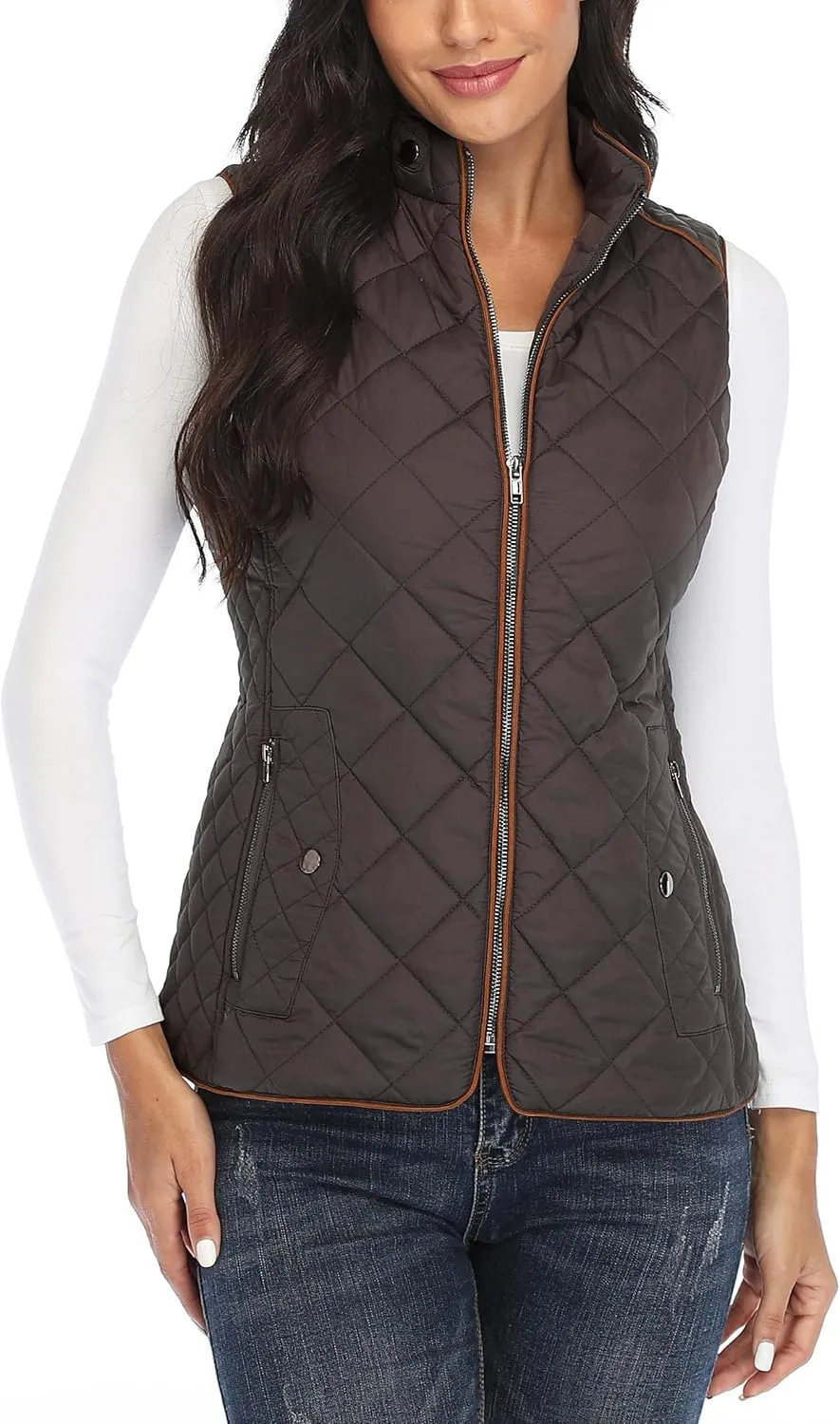 Dilgul Women Padded Vest Stand Collar Zip Up Trendy Puffer Lightweight Quilted Vest