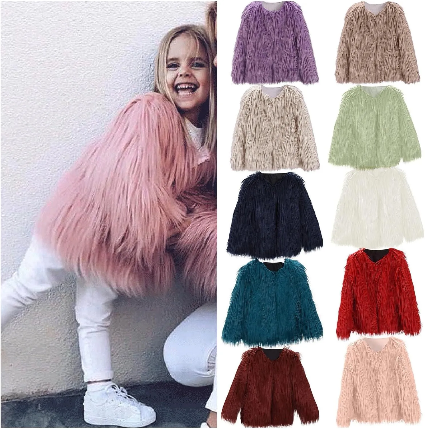 Girls Faux-Fur Jacket Coat Kids Fall Winter Thick Fleece Fuzzy Warm Outwear Tops Fashion Purple Fur Coat