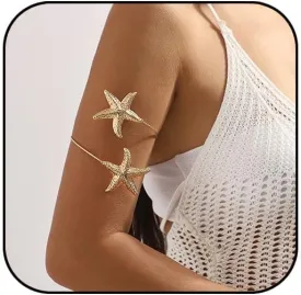 Gold Starfish Arm Cuff for Women Upper Arm Cuff Open Bangle Bracelets Boho Summer Beach Sea Shell Conch Horse Pearl Statement Bracelet