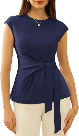 GRACE KARIN Womens Cap Sleeve Tops 2025 Summer Tie Waist Crew Neck Elegant Blouse Dressy Casual Work Business Shirts
