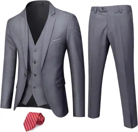 Hihawk Men's 3 Piece Suit with Stretch Fabric, Solid Slim Fit One Button Suit Blazer Set, Jacket Vest Pants with Tie.