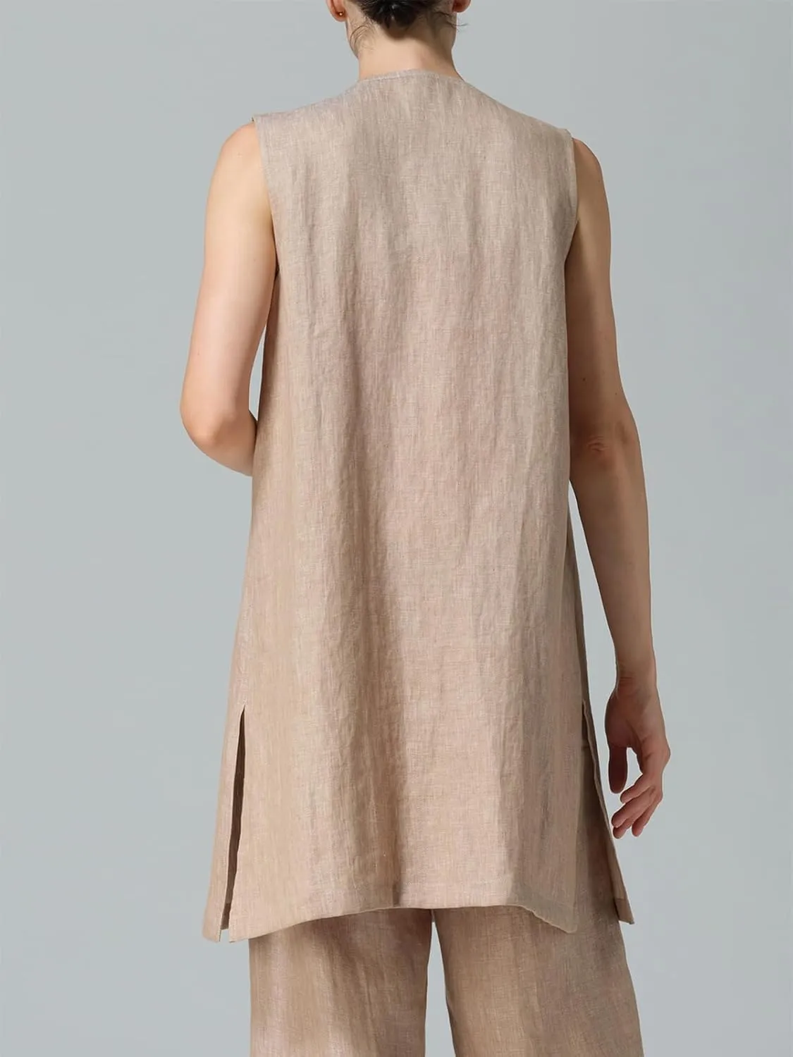 IDEALSANXUN Long Linen Vest for Women Summer Lightweight Sleeveless Blazer Jacket Trench Coat Open Front Cardigan Waistcoat