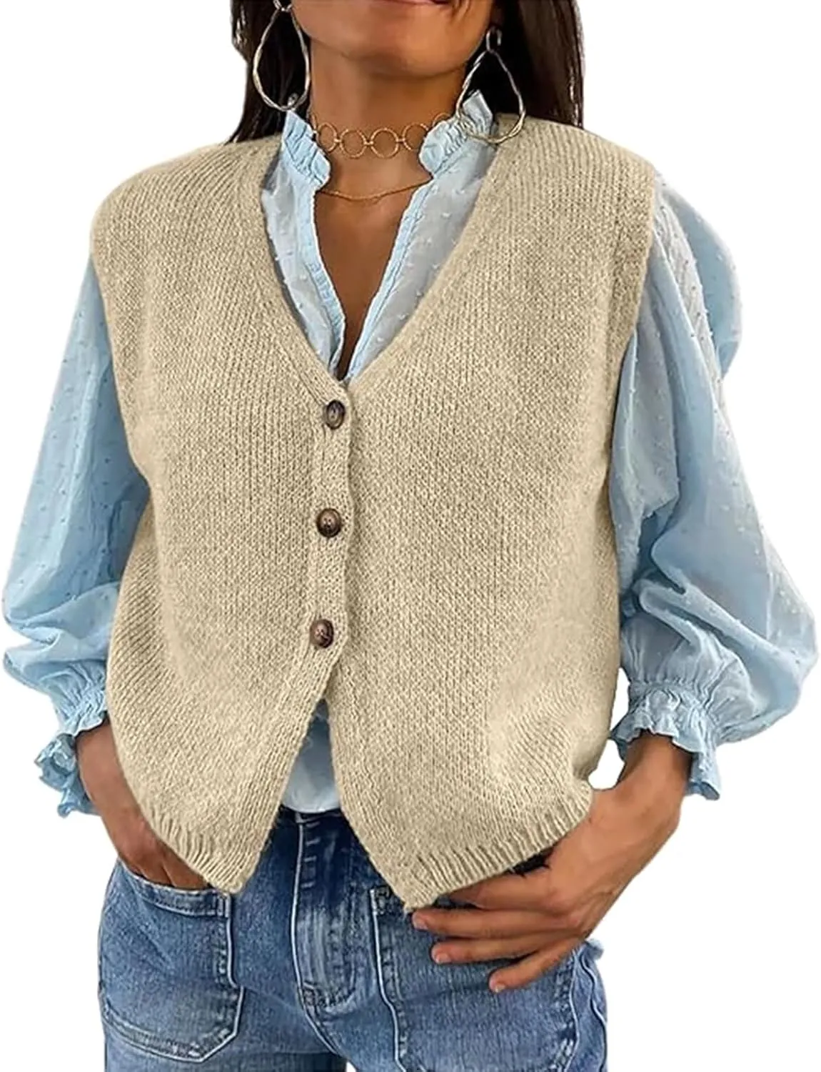 Knit Sweater Vest for Women V Neck Button Down Sleeveless Crop Knit Cardigan Open Front Sweater Vest Going Out Top