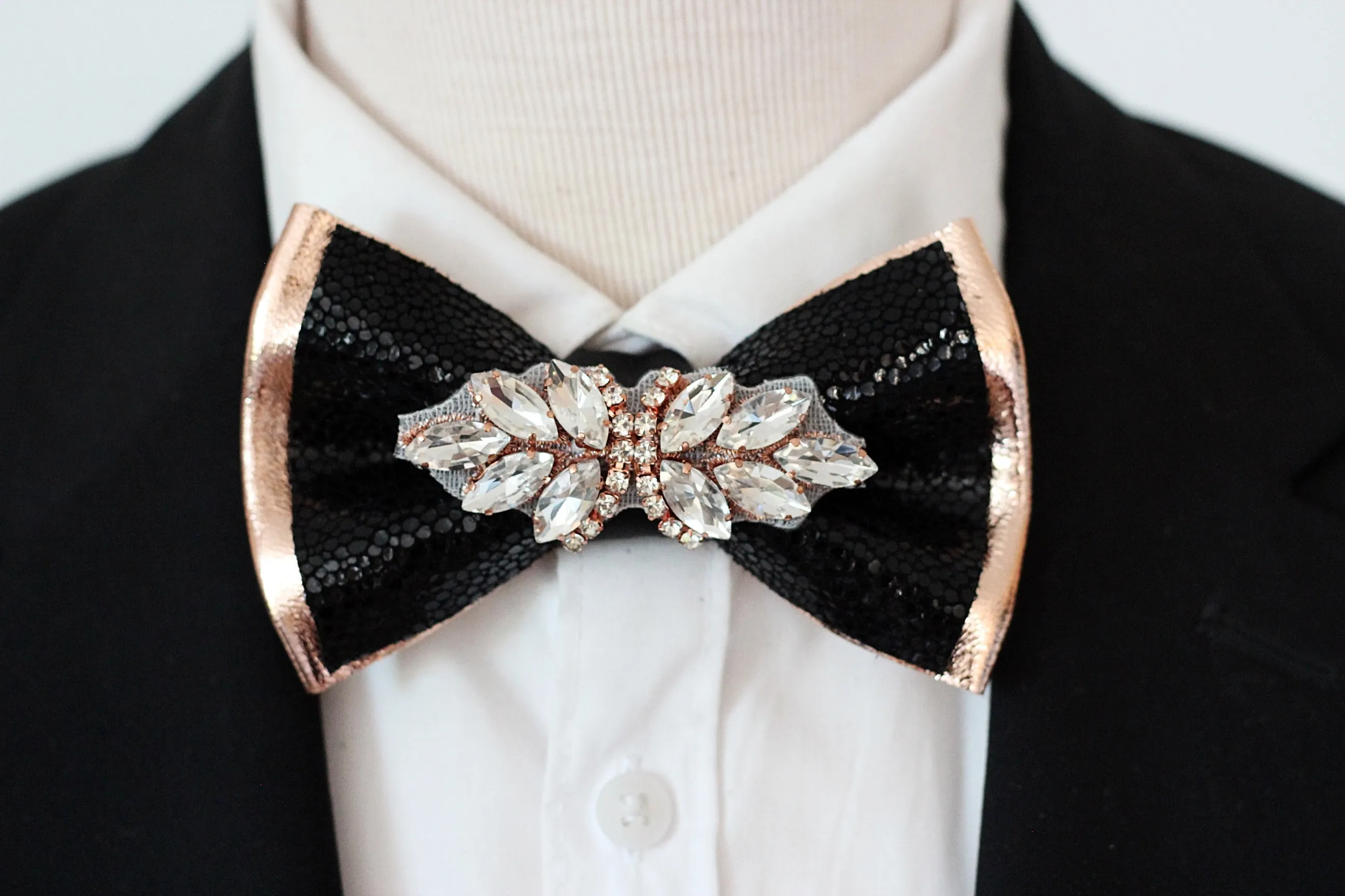 Leather Black and rose Gold mens satin bow tie with rhinestones