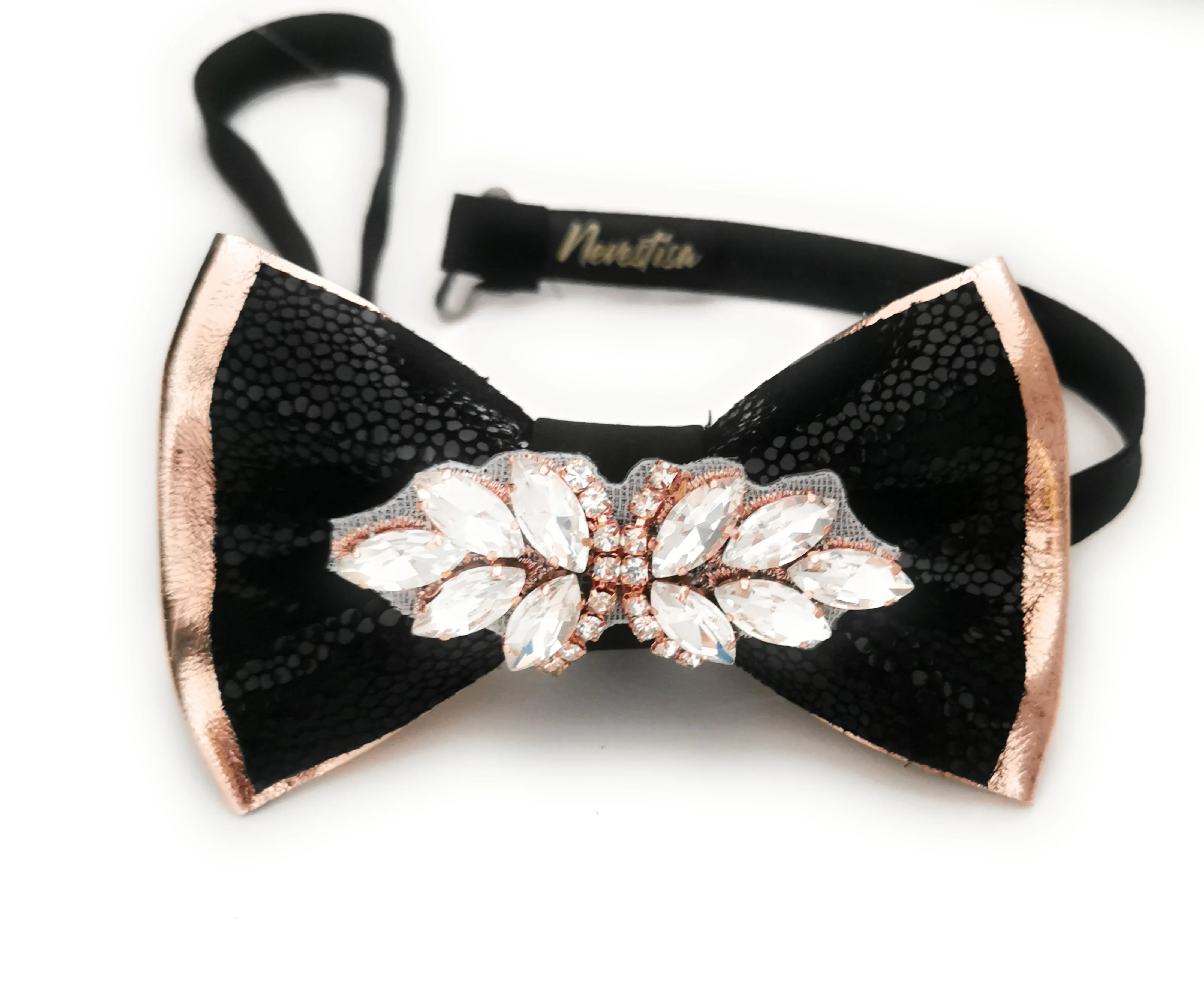 Leather Black and rose Gold mens satin bow tie with rhinestones