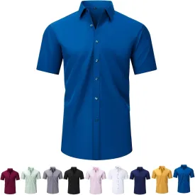 Literalous Shirt, Men's Stretch Non-Iron Anti-Wrinkle Shirts, Breathable Casual Cotton Short Sleeve Shirt