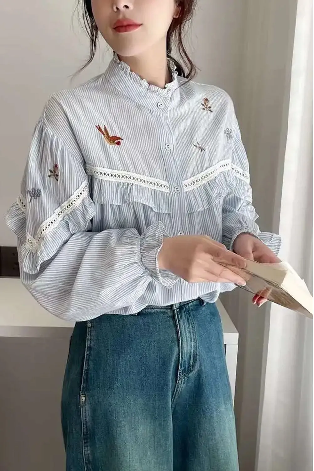 Long Sleeve Striped Embroidered Blouse Shirt