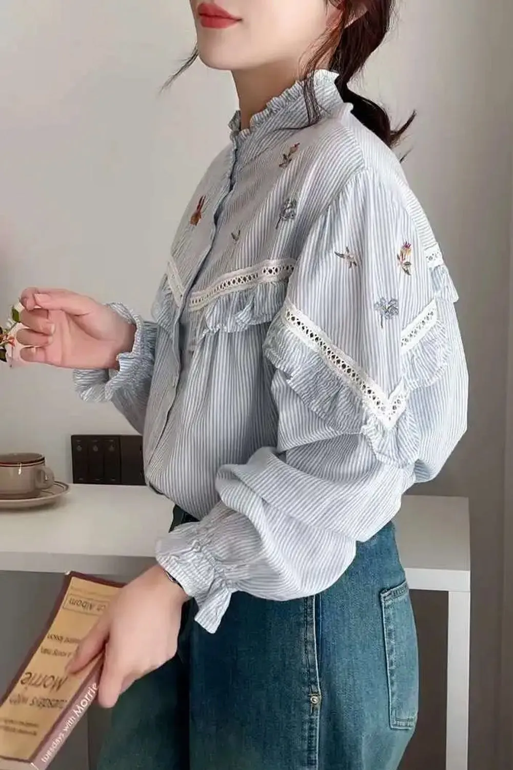 Long Sleeve Striped Embroidered Blouse Shirt