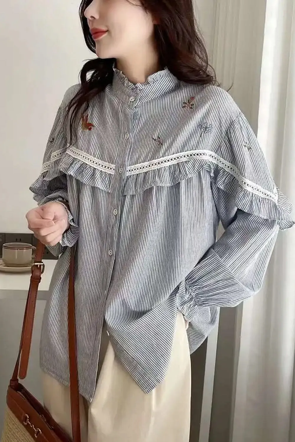 Long Sleeve Striped Embroidered Blouse Shirt