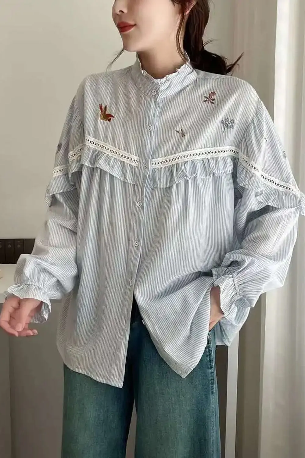Long Sleeve Striped Embroidered Blouse Shirt