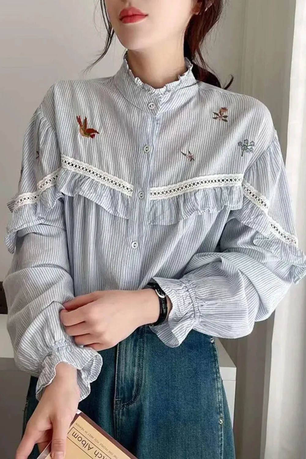 Long Sleeve Striped Embroidered Blouse Shirt