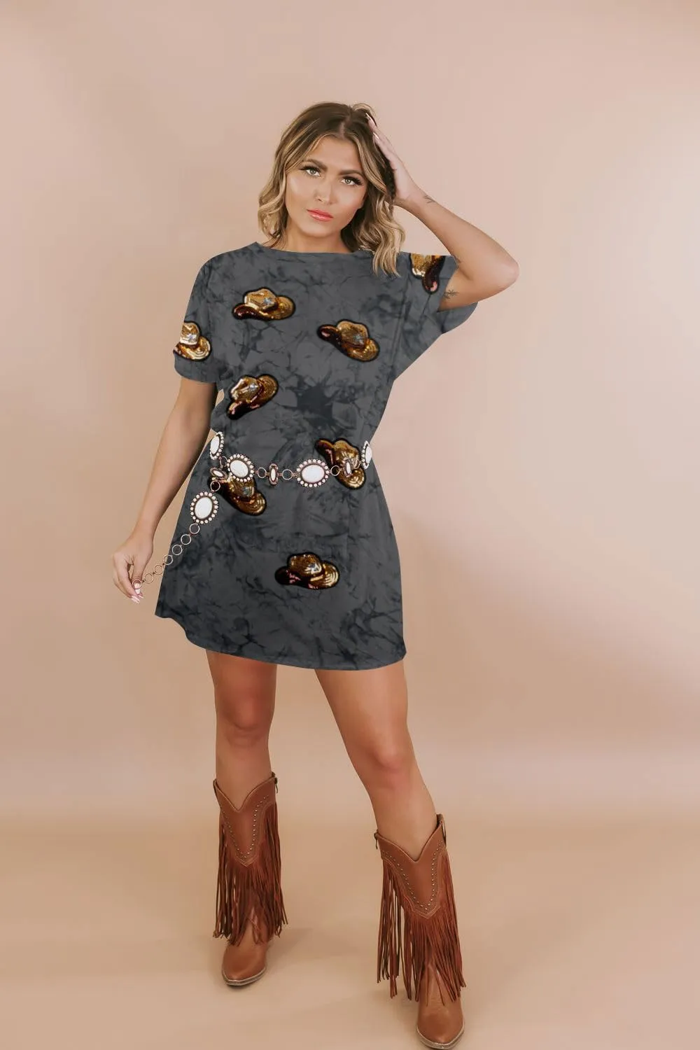 LUKYCILD Western Tshirt Dress Women Sequin Dress Cowgirl Graphic Mini Tee Shirt Dress Casual Summer Short Sleeve Dress